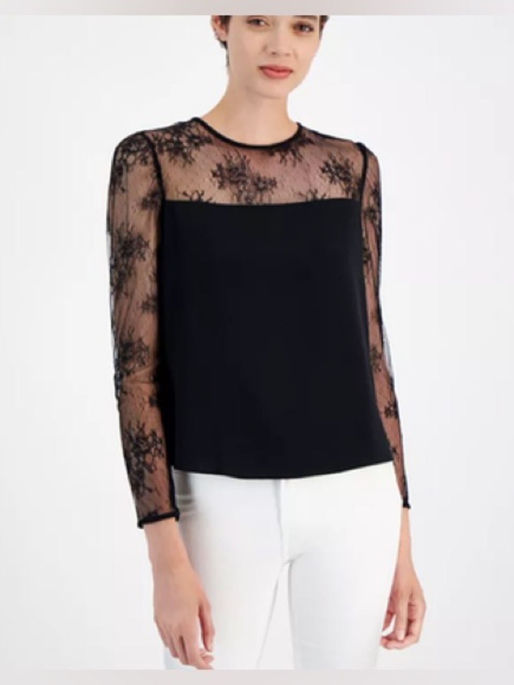 NWOT Boss Black Lace-Yoke Long Mesh Sleeve Blouse Size S